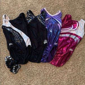 4 GK ELITE leotards with 4 gymnastic scrunchies!